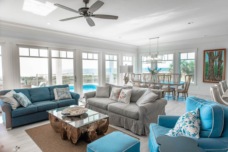 A living room of an oceanfront Hilton Head vacation home