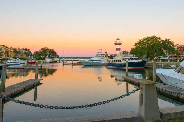 A view of a Hilton Head marina at sunset